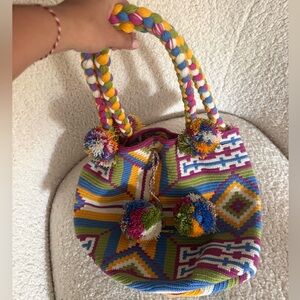 Colombian handmade Pom-Pom Wayuu Mochila Bag - Multicolor